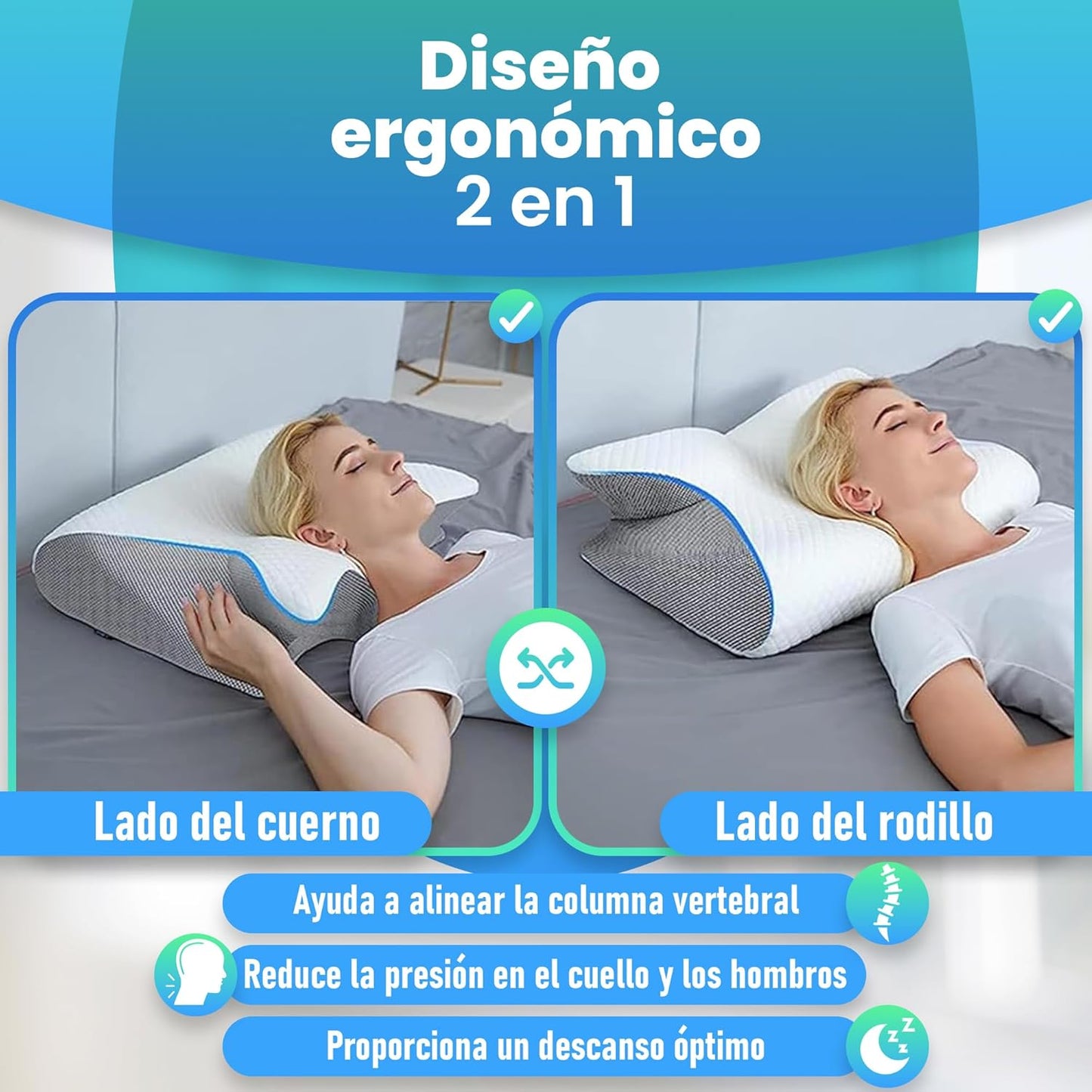 SueñoCervical Pro - almohada cervical 2 en 1 con espuma memoria.